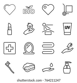 Thin line icon set : heart, bio, cargo stoller, lipstick, real estate, sun potection, uv cream, first aid, mirror, towel, hand leaf, tooth brush, sponge with foam, and drop, liquid soap