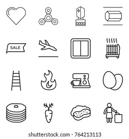 Thin line icon set : heart, spinner, crystall memory, nano tube, sale, arrival, power switch, radiator, stairs, fire, coffee maker, eggs, pancakes, carrot, sponge with foam, garbage bin