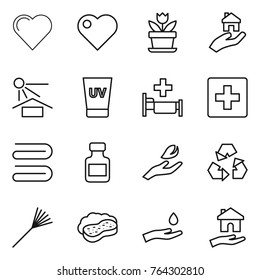 Thin line icon set : heart, flower, real estate, sun potection, uv cream, hospital, first aid, towel, pills bottle, hand leaf, recycling, rake, sponge with foam, and drop, housing