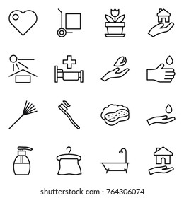 Thin line icon set : heart, cargo stoller, flower, real estate, sun potection, hospital, hand leaf, drop, rake, tooth brush, sponge with foam, and, liquid soap, hanger, bath, housing