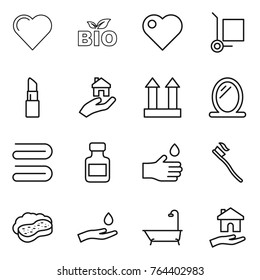 Thin line icon set : heart, bio, cargo stoller, lipstick, real estate, top sign, mirror, towel, pills bottle, hand drop, tooth brush, sponge with foam, and, bath, housing