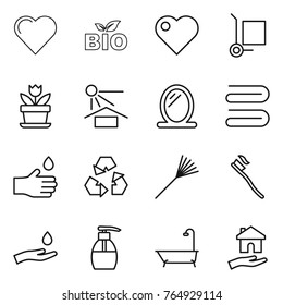 Thin line icon set : heart, bio, cargo stoller, flower, sun potection, mirror, towel, hand drop, recycling, rake, tooth brush, and, liquid soap, bath, housing