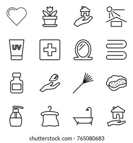 Thin line icon set : heart, flower, real estate, sun potection, uv cream, first aid, mirror, towel, pills bottle, hand leaf, rake, sponge with foam, liquid soap, hanger, bath, housing