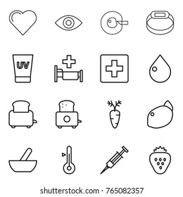 Thin line icon set : heart, eye, cell corection, smart bracelet, uv cream, hospital, first aid, drop, toaster, carrot, lemon, mortar, thermometer, syringe, strawberry