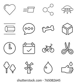 Thin line icon set : heart, delivery, molecule, ufo, nano tube, balloon, bone, cube, clock, terms, bike, scissors, trees, windmill, drop, hand