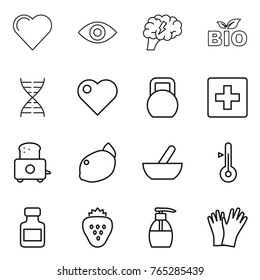 Thin line icon set : heart, eye, brain, bio, dna, heavy, first aid, toaster, lemon, mortar, thermometer, pills bottle, strawberry, liquid soap, gloves