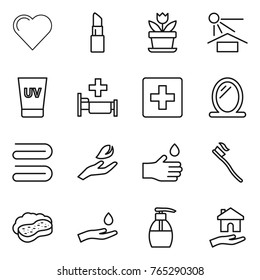 Thin line icon set : heart, lipstick, flower, sun potection, uv cream, hospital, first aid, mirror, towel, hand leaf, drop, tooth brush, sponge with foam, and, liquid soap, housing