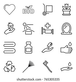 Thin line icon set : heart, bio, cargo stoller, flower, real estate, sun potection, hospital, mirror, towel, pills bottle, hand leaf, drop, recycling, rake, tooth brush, and