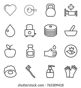 Thin line icon set : heart, cell corection, heavy, hospital, drop, toaster, pancakes, mortar, apple, pills bottle, hand, ecology, soap, tooth brush, liquid, gloves