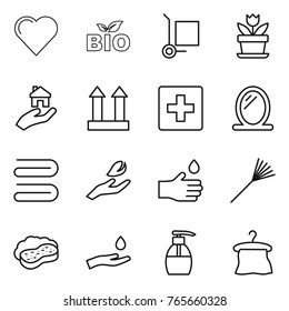Thin line icon set : heart, bio, cargo stoller, flower, real estate, top sign, first aid, mirror, towel, hand leaf, drop, rake, sponge with foam, and, liquid soap, hanger