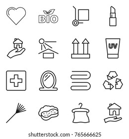 Thin line icon set : heart, bio, cargo stoller, lipstick, real estate, sun potection, top sign, uv cream, first aid, mirror, towel, recycling, rake, sponge with foam, hanger, housing