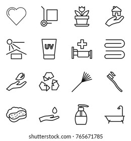 Thin line icon set : heart, cargo stoller, flower, real estate, sun potection, uv cream, hospital, towel, hand leaf, recycling, rake, tooth brush, sponge with foam, and drop, liquid soap, bath