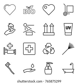 Thin line icon set : heart, bio, cargo stoller, real estate, sun potection, top sign, uv cream, hospital, first aid, recycling, rake, tooth brush, hand and drop, liquid soap, bath
