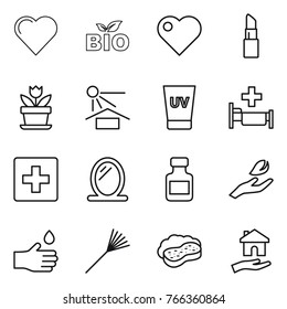 Thin line icon set : heart, bio, lipstick, flower, sun potection, uv cream, hospital, first aid, mirror, pills bottle, hand leaf, drop, rake, sponge with foam, housing