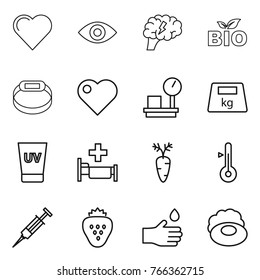 Thin line icon set : heart, eye, brain, bio, smart bracelet, warehouse scales, heavy, uv cream, hospital, carrot, thermometer, syringe, strawberry, hand drop, soap