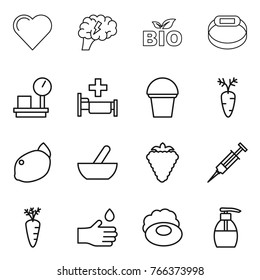 Thin line icon set : heart, brain, bio, smart bracelet, warehouse scales, hospital, bucket, carrot, lemon, mortar, berry, syringe, hand drop, soap, liquid