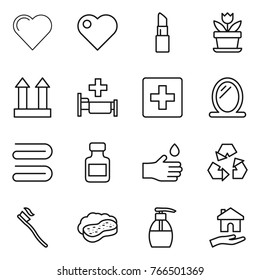Thin line icon set : heart, lipstick, flower, cargo top sign, hospital, first aid, mirror, towel, pills bottle, hand drop, recycling, tooth brush, sponge with foam, liquid soap, housing
