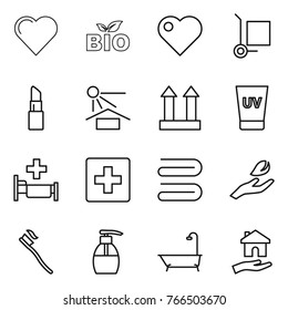 Thin line icon set : heart, bio, cargo stoller, lipstick, sun potection, top sign, uv cream, hospital, first aid, towel, hand leaf, tooth brush, liquid soap, bath, housing