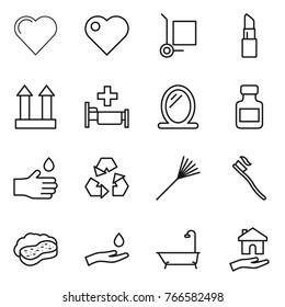 Thin line icon set : heart, cargo stoller, lipstick, top sign, hospital, mirror, pills bottle, hand drop, recycling, rake, tooth brush, sponge with foam, and, bath, housing