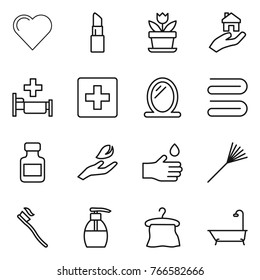 Thin line icon set : heart, lipstick, flower, real estate, hospital, first aid, mirror, towel, pills bottle, hand leaf, drop, rake, tooth brush, liquid soap, hanger, bath