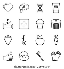 Thin line icon set : heart, brain, dna, uv cream, hospital, first aid, bucket, pancakes, berry, thermometer, apple, carrot, hand drop, soap, tooth brush, gloves