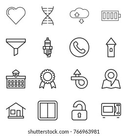 Thin line icon set : heart, dna, cloude service, battery, funnel, spark plug, phone, tower, university, medal, trip, map, home, power switch, unlocked, microwave oven