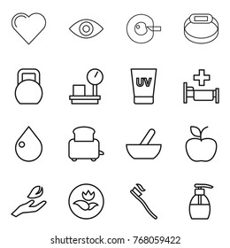 Thin line icon set : heart, eye, cell corection, smart bracelet, heavy, warehouse scales, uv cream, hospital, drop, toaster, mortar, apple, hand leaf, ecology, tooth brush, liquid soap