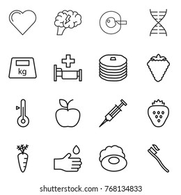 Thin line icon set : heart, brain, cell corection, dna, heavy, hospital, pancakes, berry, thermometer, apple, syringe, strawberry, carrot, hand drop, soap, tooth brush