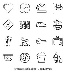 Thin line icon set : heart, atom core, cashbox, store signboard, under construction, palace, car shipping, plane, palm, aquapark, key, tv, colander, cookies, foam bucket, garbage bin