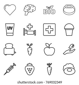 Thin line icon set : heart, brain, bio, smart bracelet, uv cream, hospital, first aid, bucket, toaster, carrot, apple, hand leaf, syringe, strawberry, soap