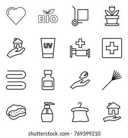 Thin line icon set : heart, bio, cargo stoller, flower, real estate, uv cream, hospital, first aid, towel, pills bottle, hand leaf, rake, sponge with foam, liquid soap, hanger, housing