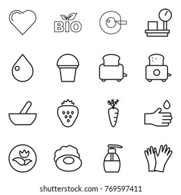 Thin line icon set : heart, bio, cell corection, warehouse scales, drop, bucket, toaster, mortar, strawberry, carrot, hand, ecology, soap, liquid, gloves