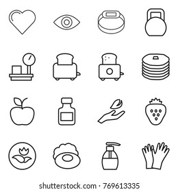 Thin line icon set : heart, eye, smart bracelet, heavy, warehouse scales, toaster, pancakes, apple, pills bottle, hand leaf, strawberry, ecology, soap, liquid, gloves