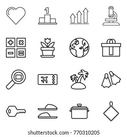 Thin line icon set : heart, pedestal, graph up, microscope, calculator, flower, globe, hi quality package, cargo search, ticket, island, flippers, key, slippers, pan, rag