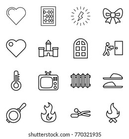 Thin Line Icon Set : Heart, Abacus, Lightning, Bow, Castle, Arch Window, Courier Delivery, Thermometer, Tv, Radiator, Slippers, Pan, Fire, Scissors