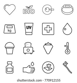 Thin line icon set : heart, bio, cell corection, smart bracelet, heavy, uv cream, first aid, drop, bucket, toaster, berry, thermometer, pills bottle, hand, ecology, tooth brush