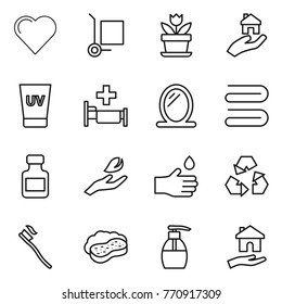 Thin line icon set : heart, cargo stoller, flower, real estate, uv cream, hospital, mirror, towel, pills bottle, hand leaf, drop, recycling, tooth brush, sponge with foam, liquid soap, housing
