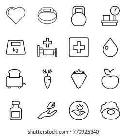 Thin line icon set : heart, smart bracelet, heavy, warehouse scales, hospital, first aid, drop, toaster, carrot, berry, apple, pills bottle, hand leaf, ecology, soap