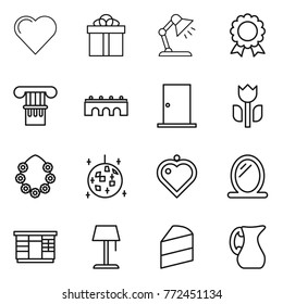 Thin line icon set : heart, gift, table lamp, medal, column, bridge, door, perishable, hawaiian wreath, disco ball, pendant, mirror, wardrobe, floor, cake, jug