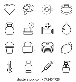 Thin line icon set : heart, brain, cell corection, smart bracelet, heavy, warehouse scales, hospital, drop, bucket, toaster, pancakes, lemon, thermometer, pills bottle, syringe, liquid soap