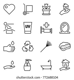 Thin line icon set : heart, cargo stoller, flower, real estate, sun potection, uv cream, hospital, mirror, hand drop, recycling, rake, sponge with foam, and, liquid soap, bath, housing