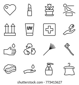 Thin line icon set : heart, lipstick, flower, sun potection, cargo top sign, uv cream, first aid, hand leaf, drop, recycling, rake, tooth brush, sponge with foam, and, liquid soap, hanger