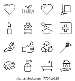 Thin line icon set : heart, bio, cargo stoller, lipstick, flower, sun potection, first aid, hand leaf, drop, recycling, rake, sponge with foam, liquid soap, bath, housing