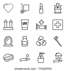 Thin line icon set : heart, cargo stoller, lipstick, flower, top sign, uv cream, hospital, first aid, mirror, pills bottle, recycling, tooth brush, sponge with foam, hand and drop, liquid soap