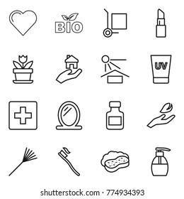 Thin line icon set : heart, bio, cargo stoller, lipstick, flower, real estate, sun potection, uv cream, first aid, mirror, pills bottle, hand leaf, rake, tooth brush, sponge with foam, liquid soap