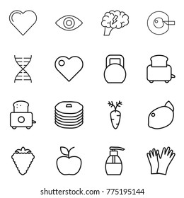 Thin line icon set : heart, eye, brain, cell corection, dna, heavy, toaster, pancakes, carrot, lemon, berry, apple, liquid soap, gloves