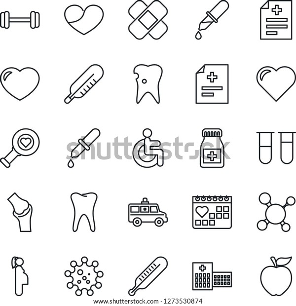 Thin Line Icon Set - heart vector, diagnosis,\
molecule, blood test vial, dropper, thermometer, diagnostic, pills\
bottle, patch, ambulance car, barbell, disabled, tooth, caries,\
joint, hospital