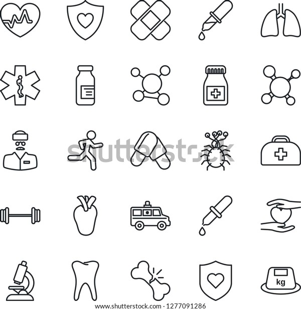 Thin Line Icon Set - heart pulse vector, doctor\
case, molecule, dropper, microscope, pills, bottle, ampoule, patch,\
ambulance star, car, barbell, run, shield, hand, lungs, real,\
tooth, broken bone