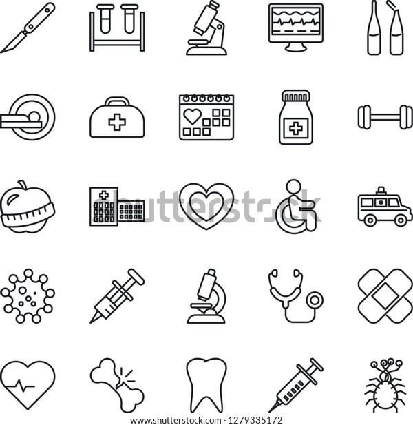Thin Line Icon Set - heart vector, pulse,\
monitor, doctor case, stethoscope, syringe, blood test vial,\
microscope, pills bottle, ampoule, scalpel, patch, tomography,\
ambulance car, barbell,\
disabled