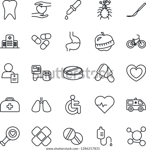 Thin Line Icon Set - heart vector, pulse, doctor
case, blood pressure, dropper, diagnostic, pills, scalpel, patch,
ambulance car, bike, disabled, hand, stomach, lungs, tooth, diet,
hospital, patient